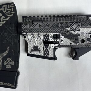 Valhalla Forged Viking engraved AR-15 receiver set showing Norse knotwork, runes, and viking engraving